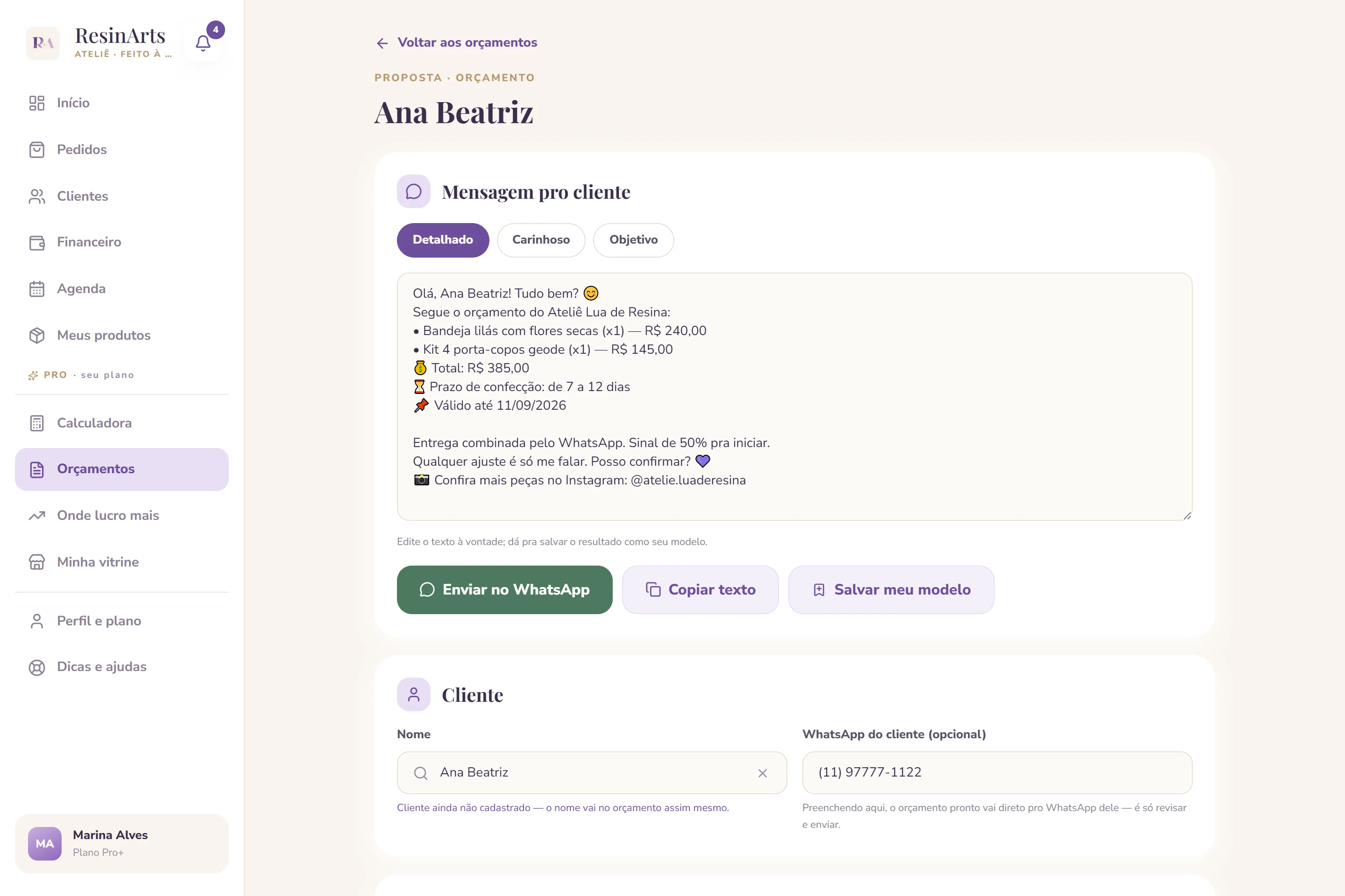 Orçamento pronto no ResinArts, com itens, prazo e o texto formatado pra enviar no WhatsApp